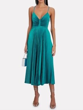A.L.C. Gemini Teal Pleated V-Neck Cut Out Midi Dress Nwt Size 4